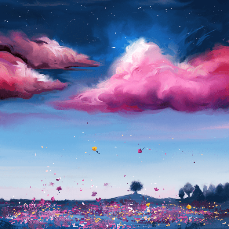 Illustration med rosa moln av Frida Hagman