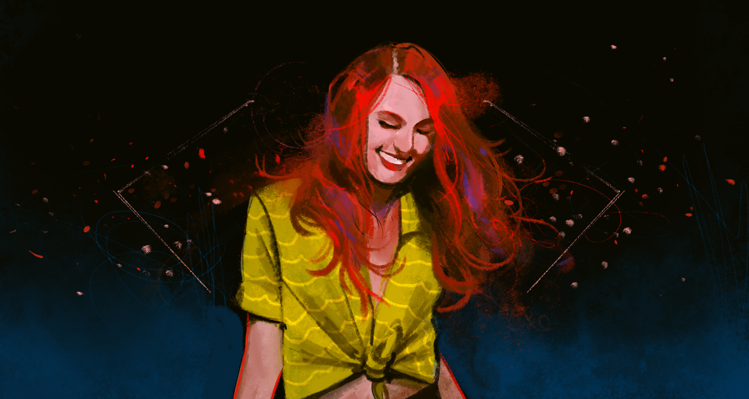 Illustration av en dansande kvinna med rött hår av Frida Hagman