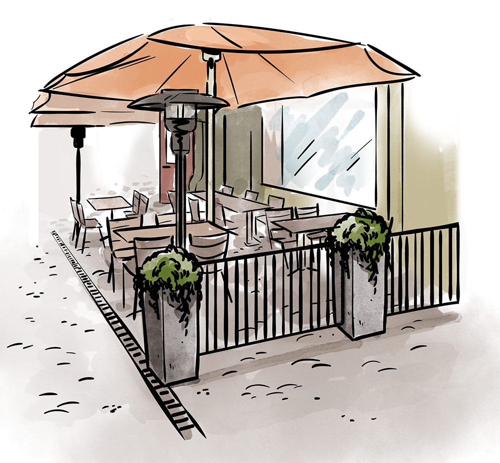 Illustration av en uteservering med parasoll av Frida Hagman