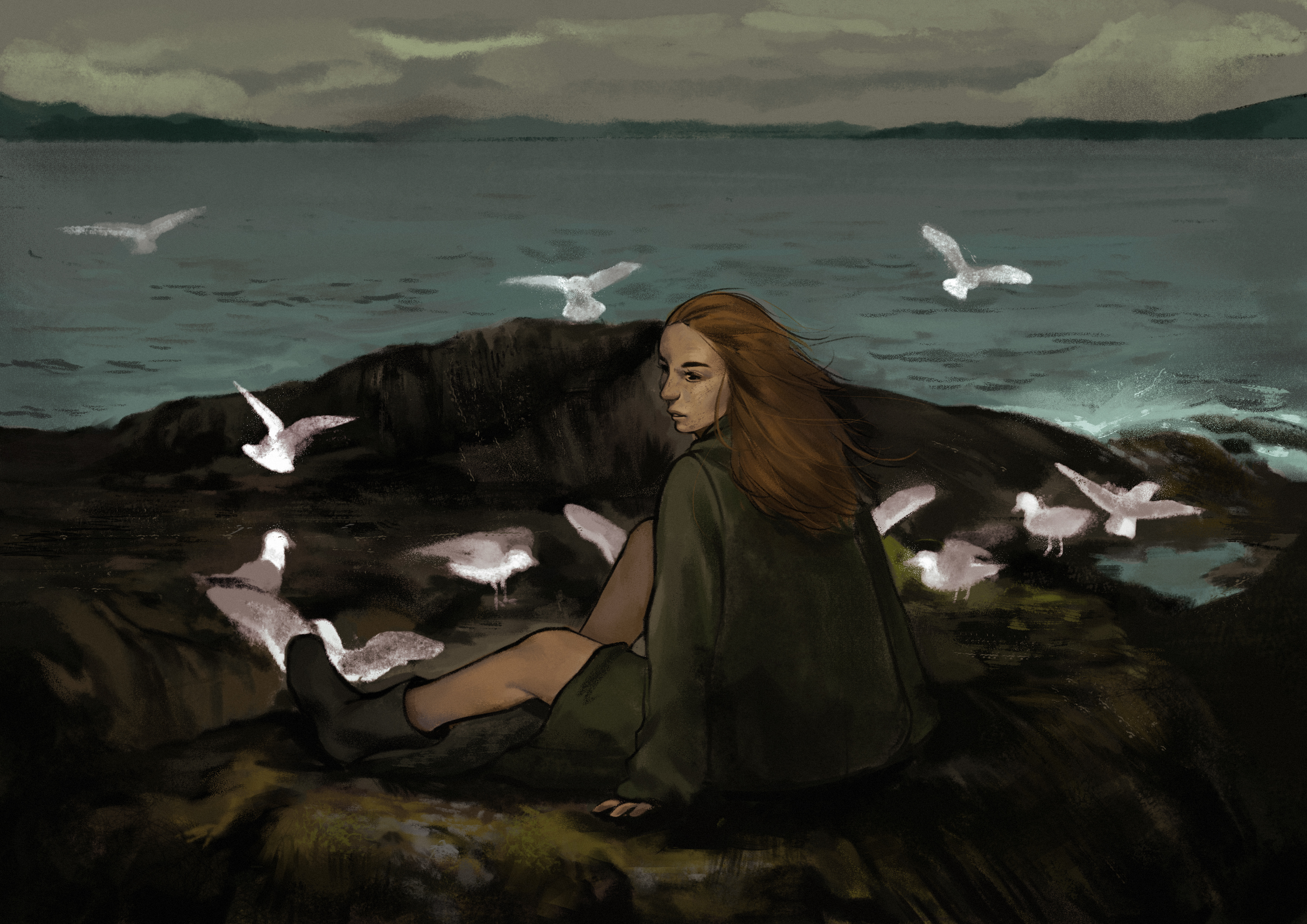 Illustration av en kvinna som sitter på en klippa mot havet av Frida Hagman