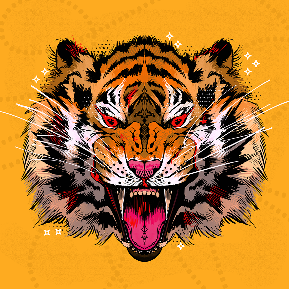 Illustration av en arg tiger av Frida Hagman