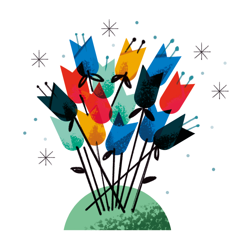 Illustration av en blombukett i midcentury stil av Frida Hagman