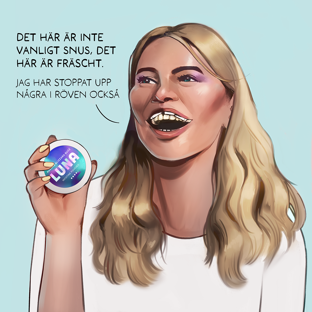 Illustration av en kvinna som håller i en snusdosa av Frida Hagman