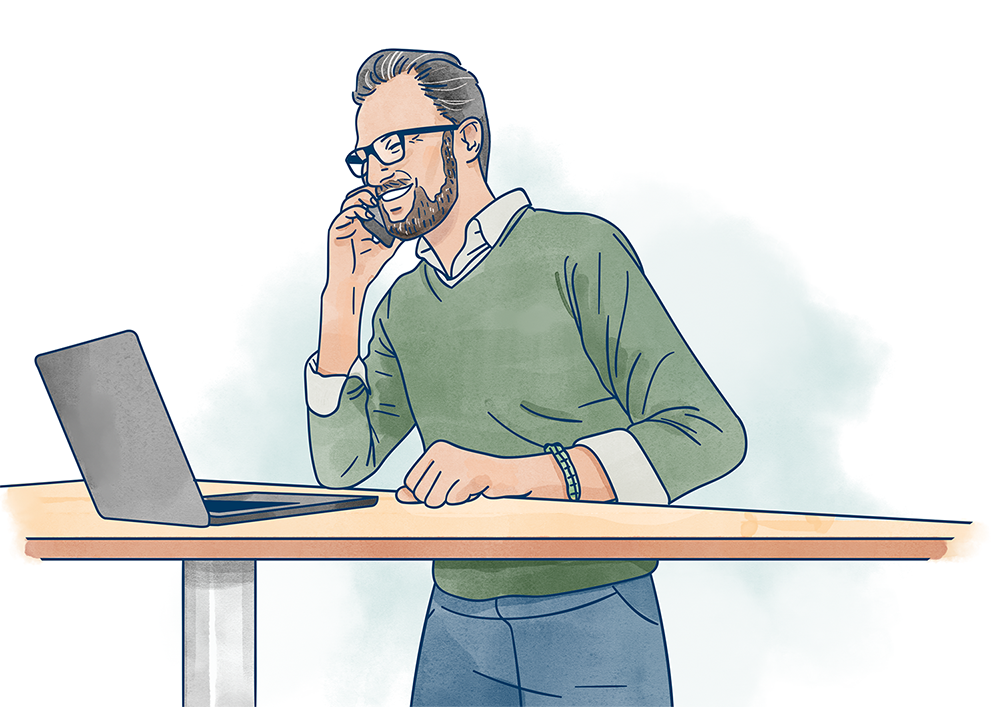 Illustration av en man på ett kontor som pratar i telefon av Frida Hagman