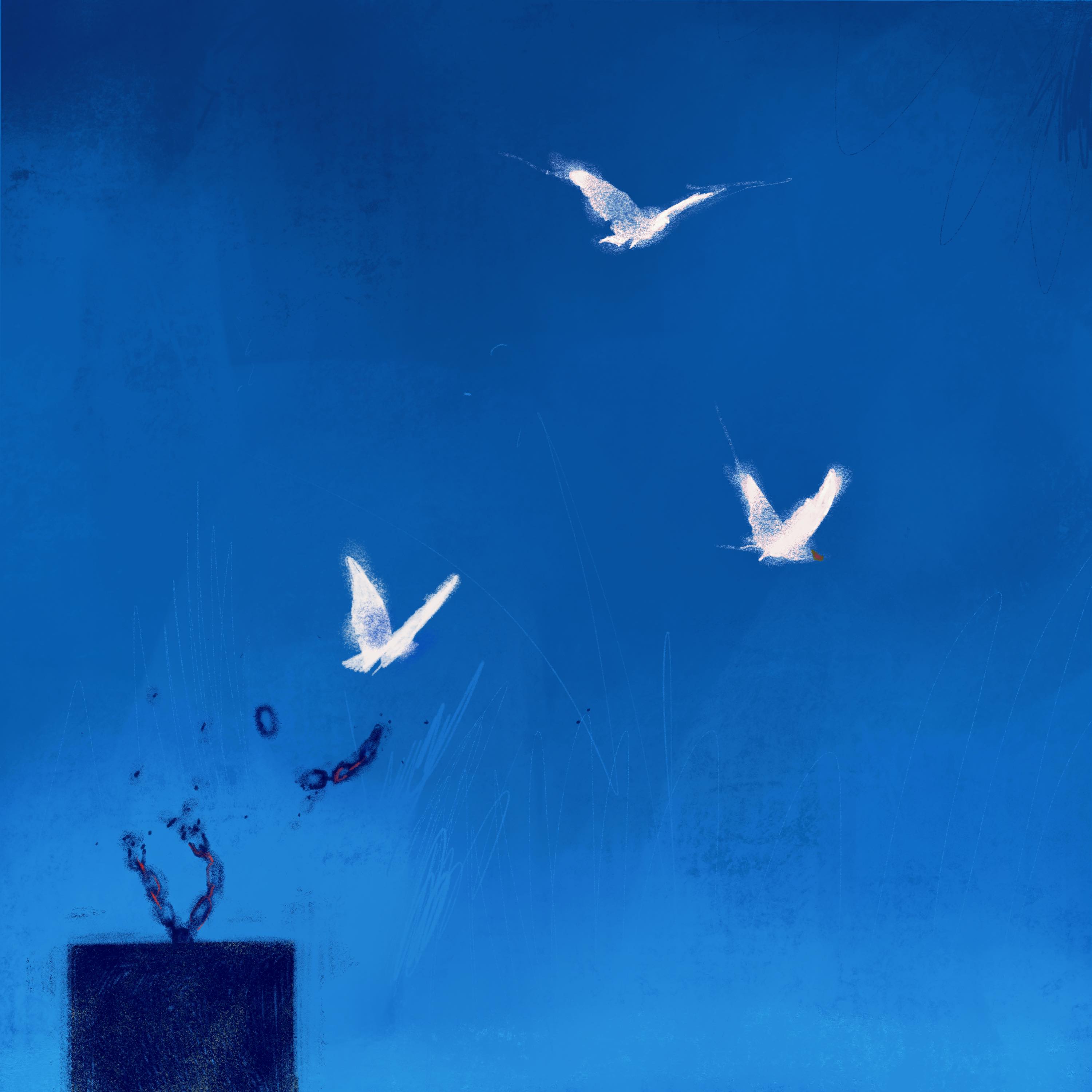 Illustration av tre vita fåglar som brutit sig loss från bojor och som flyger iväg av Frida Hagman