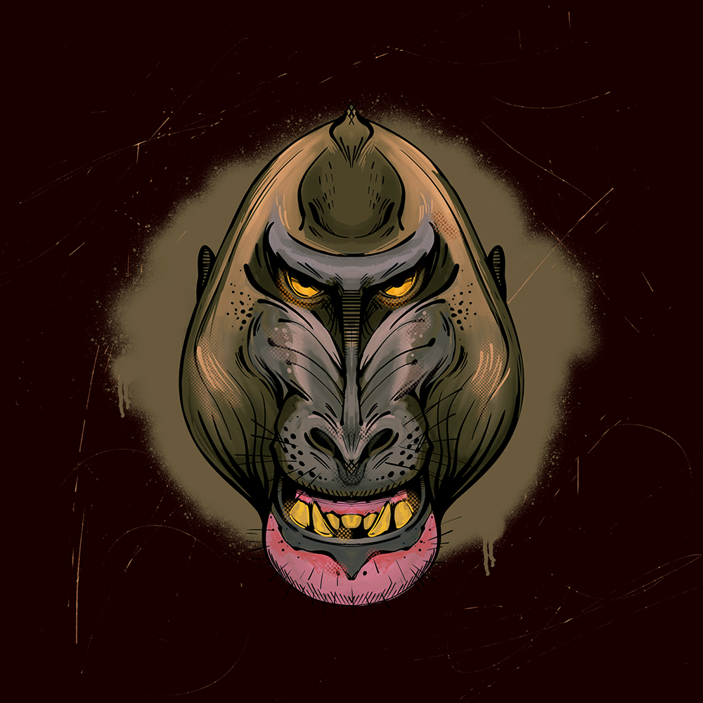 Illustration av en arg gorilla som visar tänderna.