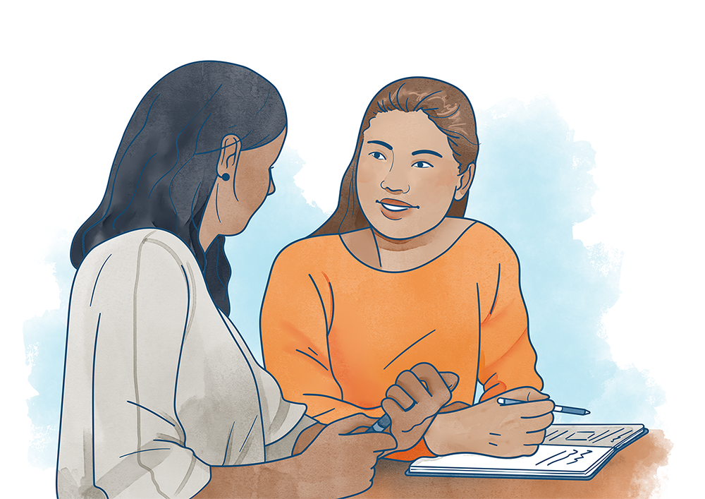 Illustration av två kvinnor som talar med varandra av Frida Hagman