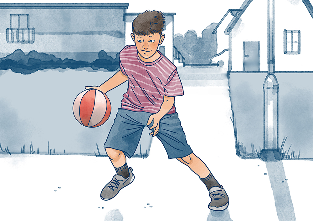 Illustration av en ung pojke som spelar basket av Frida Hagman
