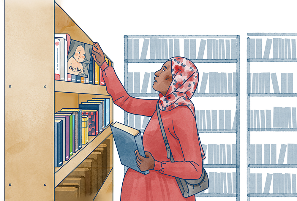 Illustration av en kvinna som tittar på böcker på biblioteket av Frida Hagman