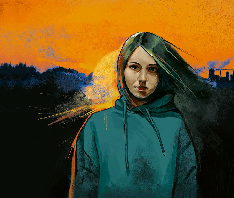 Digital illustration, ett porträtt av en ung flicka mot en solnedgång.