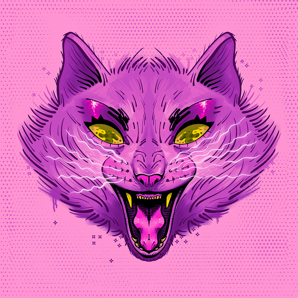 lllustration av en arg lila katt mot en rosa bakgrund.