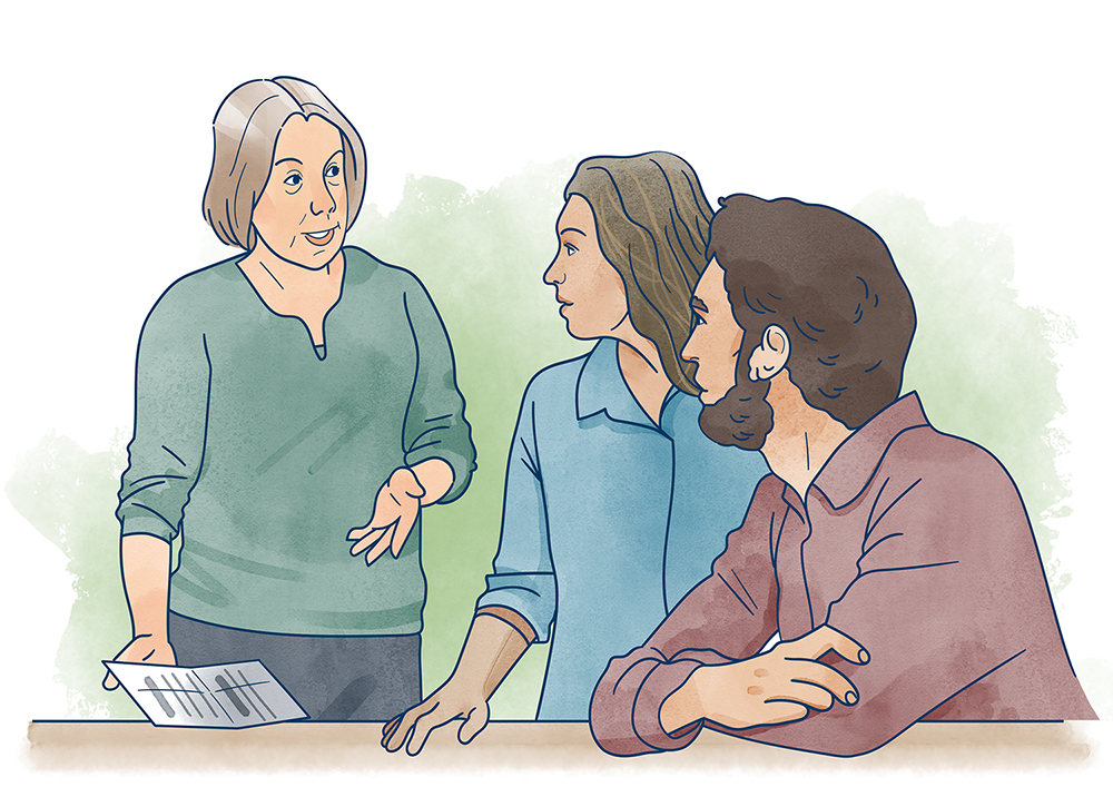 Illustration av två personer på ett kontor som pratar av Frida Hagman