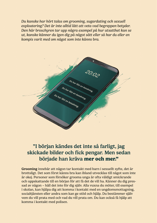 En sida från en broschyr om kommersiell sexuell exploatering med en illustation av en telefon med många meddelandenotiser.