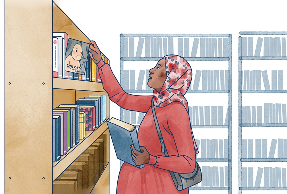 Illustration av kvinna som väljer böcker på biblioteket