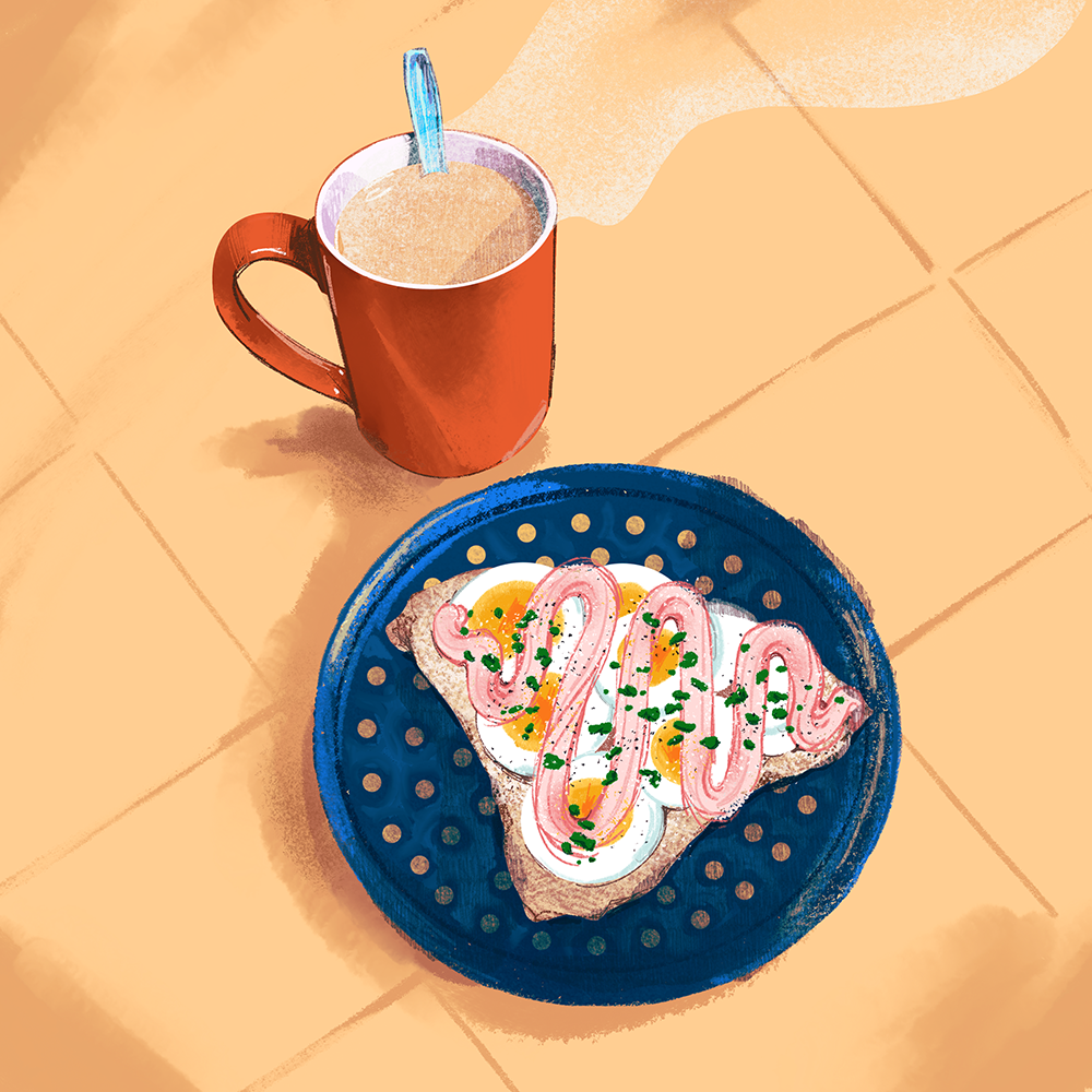 Illustration av en temugg och knäckebrödsmacka av Frida Hagman