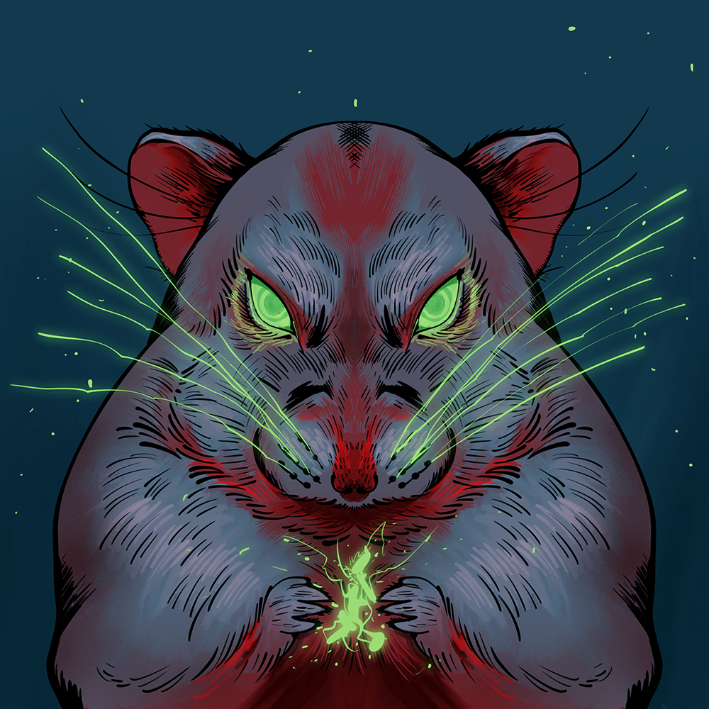 Illustration över en hamster med gröna ögon som håller en elektrisk kraft mellan tassarna.