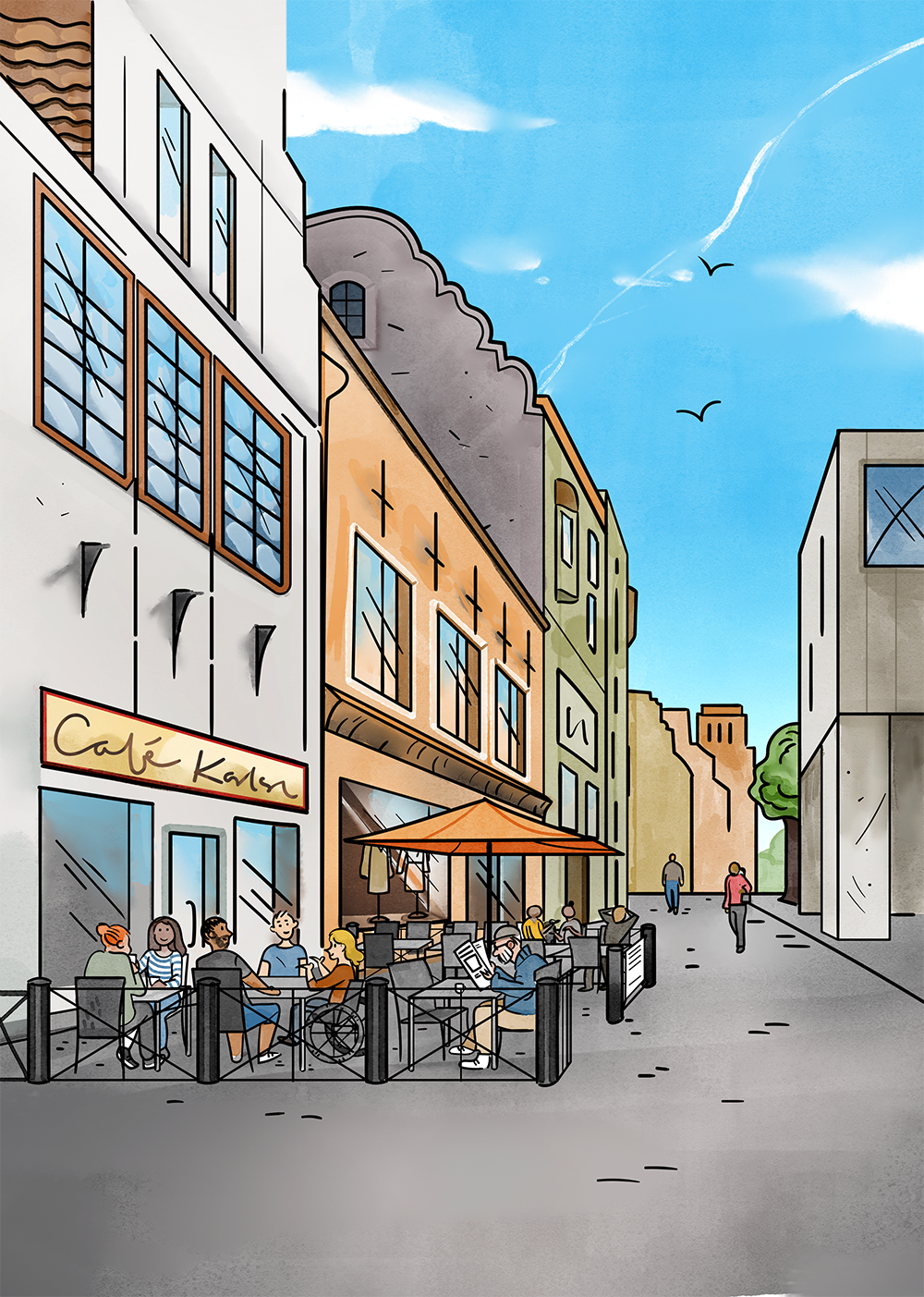 Illustration av Kalmars gator av Frida Hagman
