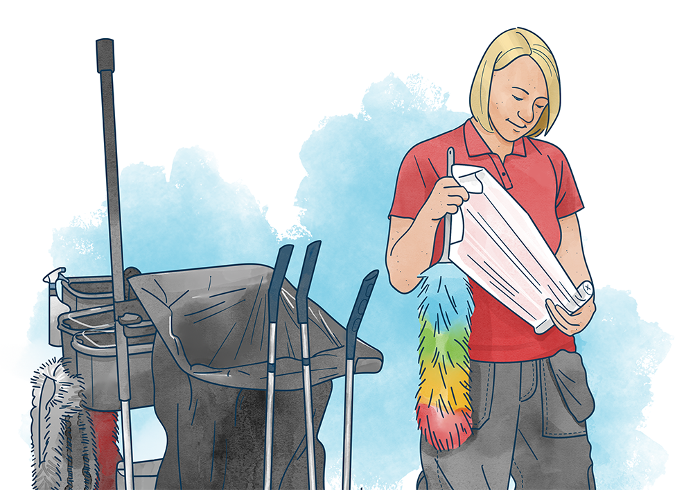 Illustration av en kvinna som arbetar som lokalvårdare på Kalmar kommun av Frida Hagman