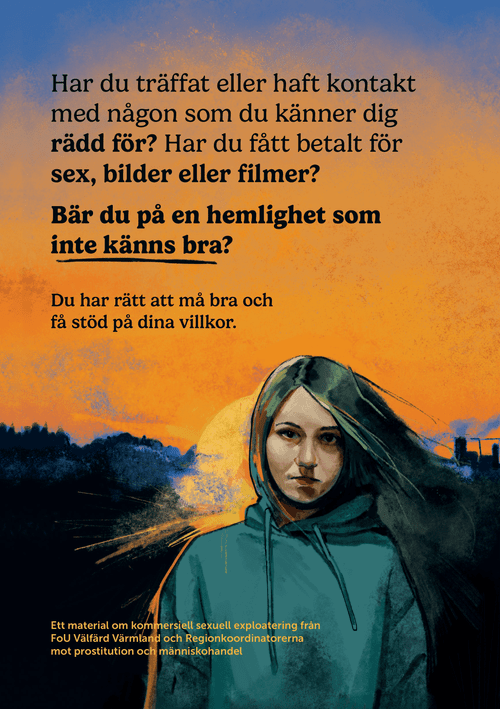 Framsidan till en broschyr om kommersiell sexuell exploatering med en digital illustration av en ung flicka.