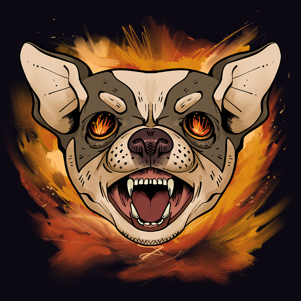 Illustration av en arg chihuahua med brinnande ögon.