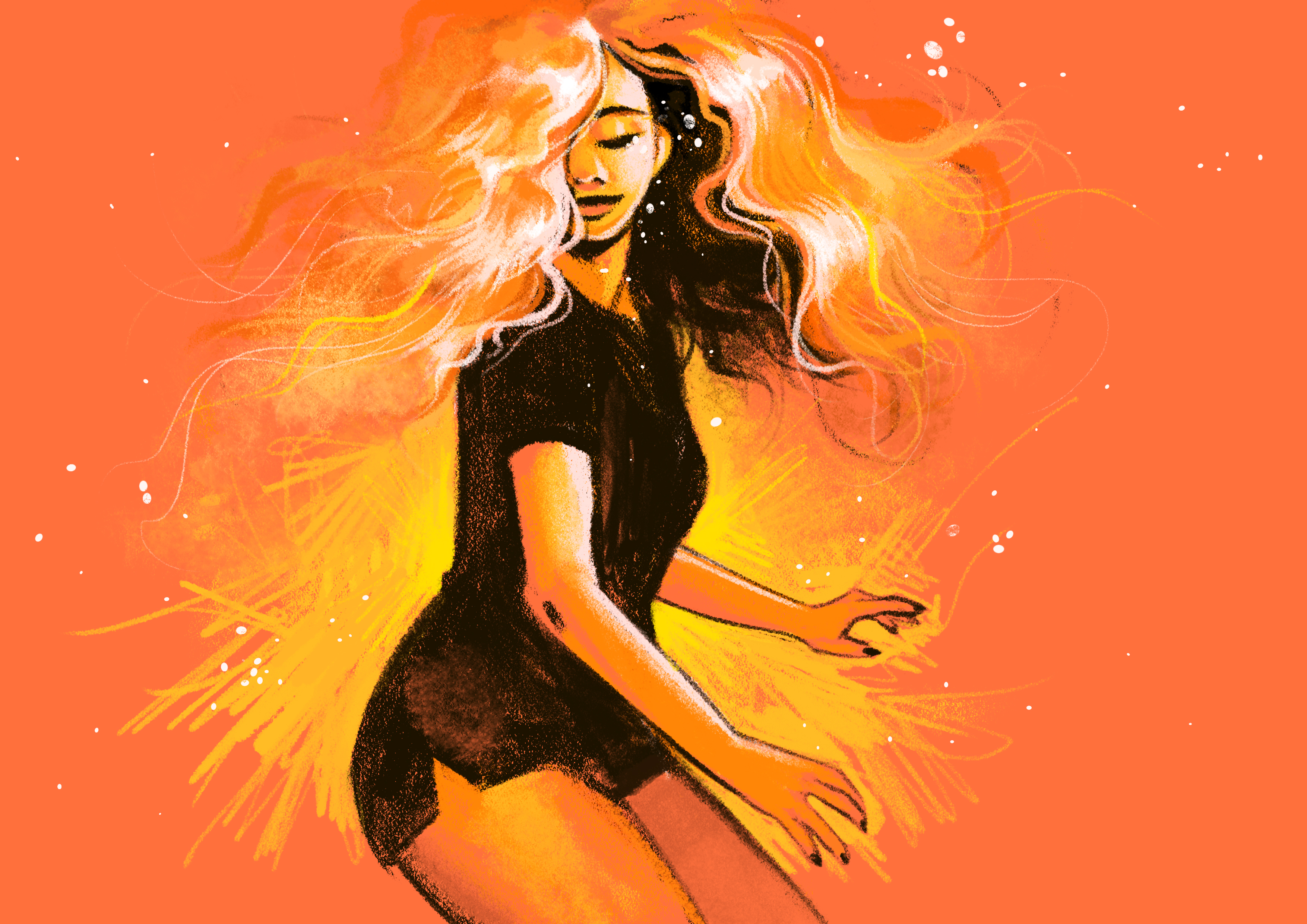 Illustration av en dansande kvinna med stängda ögon av Frida Hagman