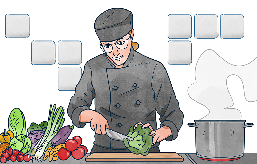 Illustration av en kock som skär ett broccolihuvud av Frida Hagman