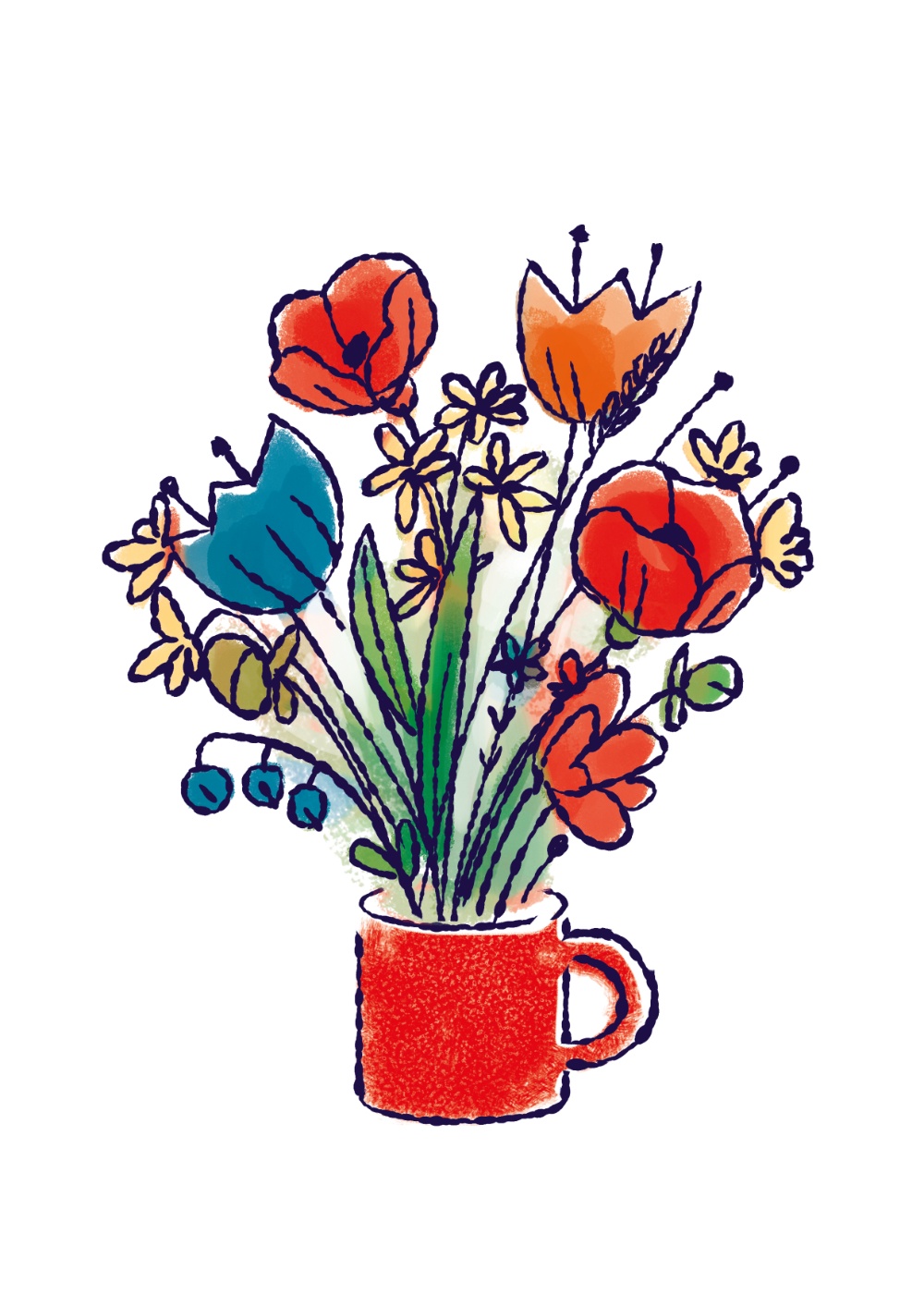 Illustration av en blombukett i en röd mugg av Frida Hagman