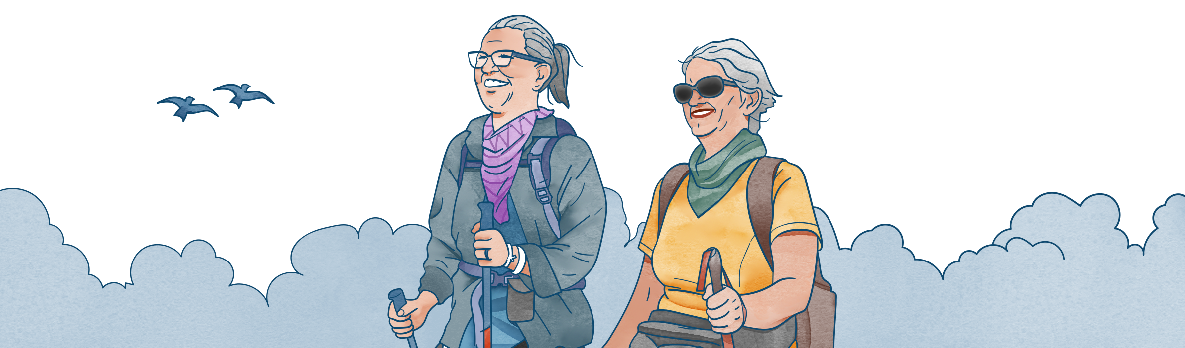 Illustration av två äldre kvinnor på promenad av Frida Hagman