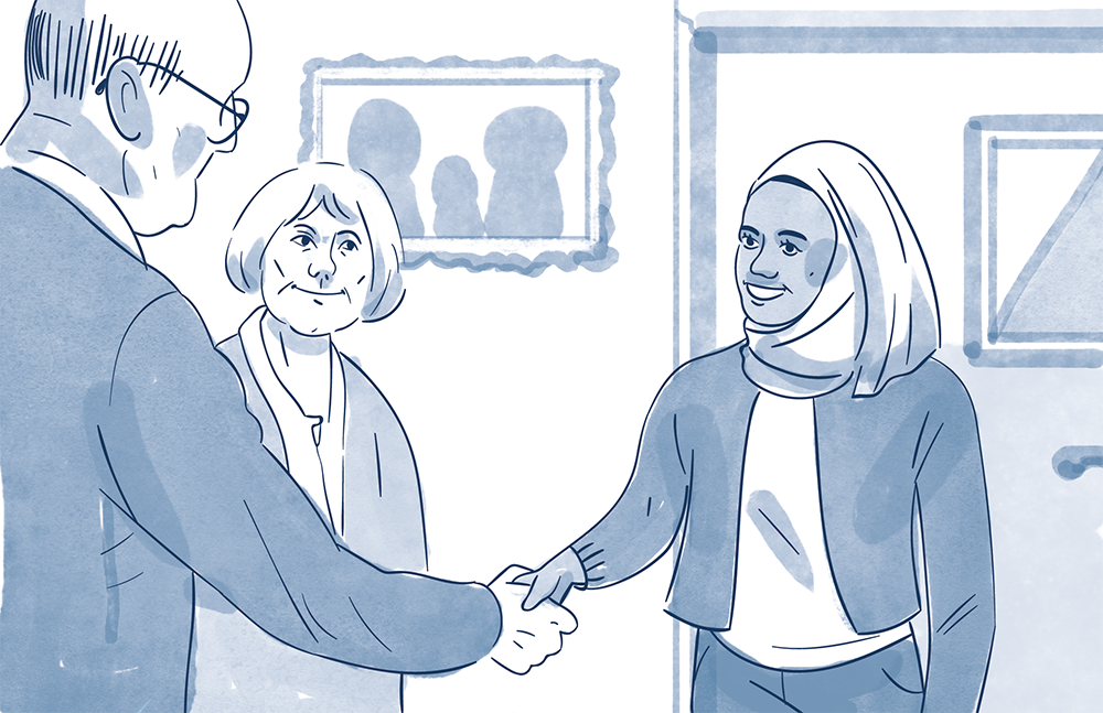 Illustration av ett äldre par som hälsar på en kvinna av Frida Hagman