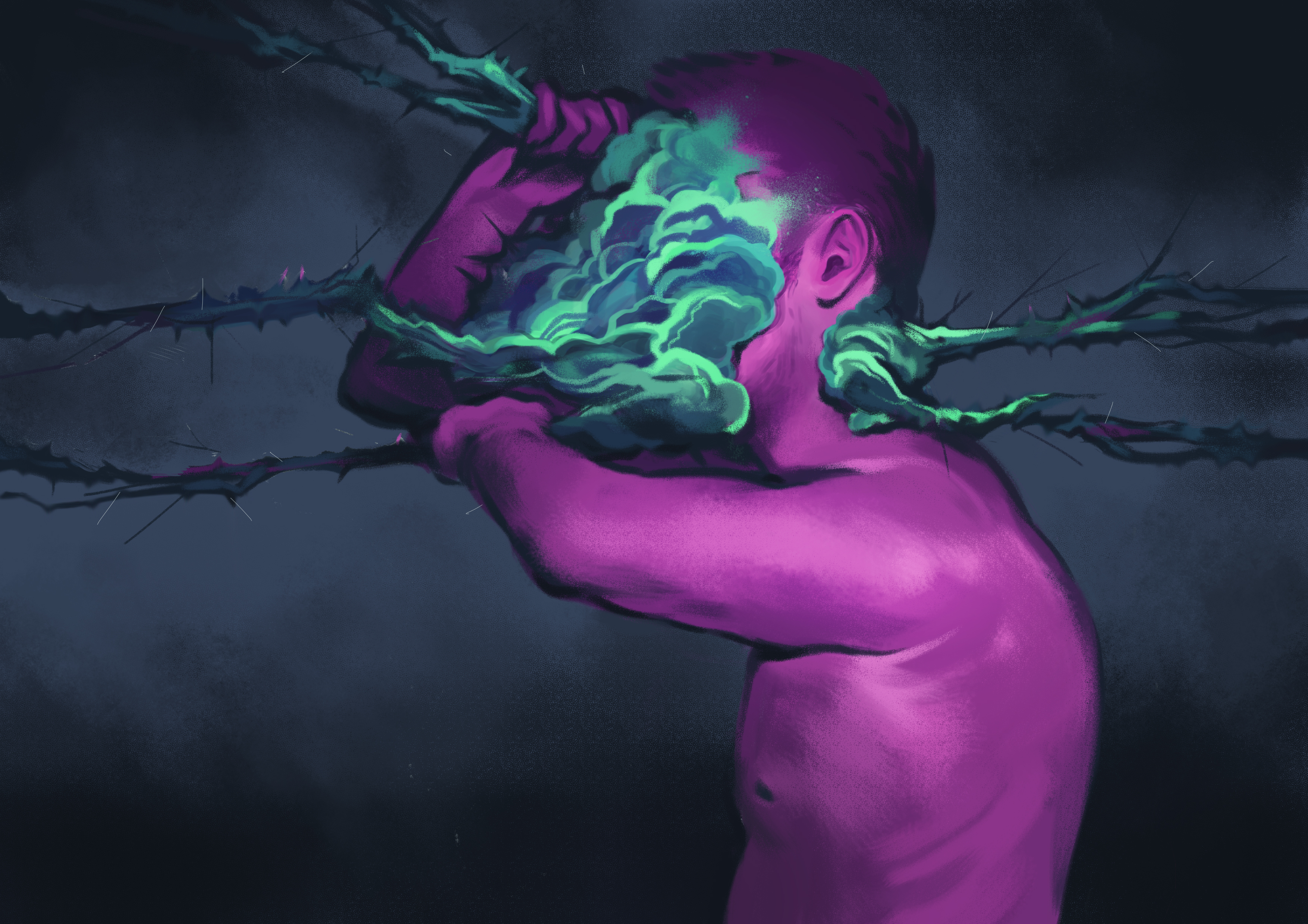 Illustration av en man som sliter av sig mossa av Frida Hagman