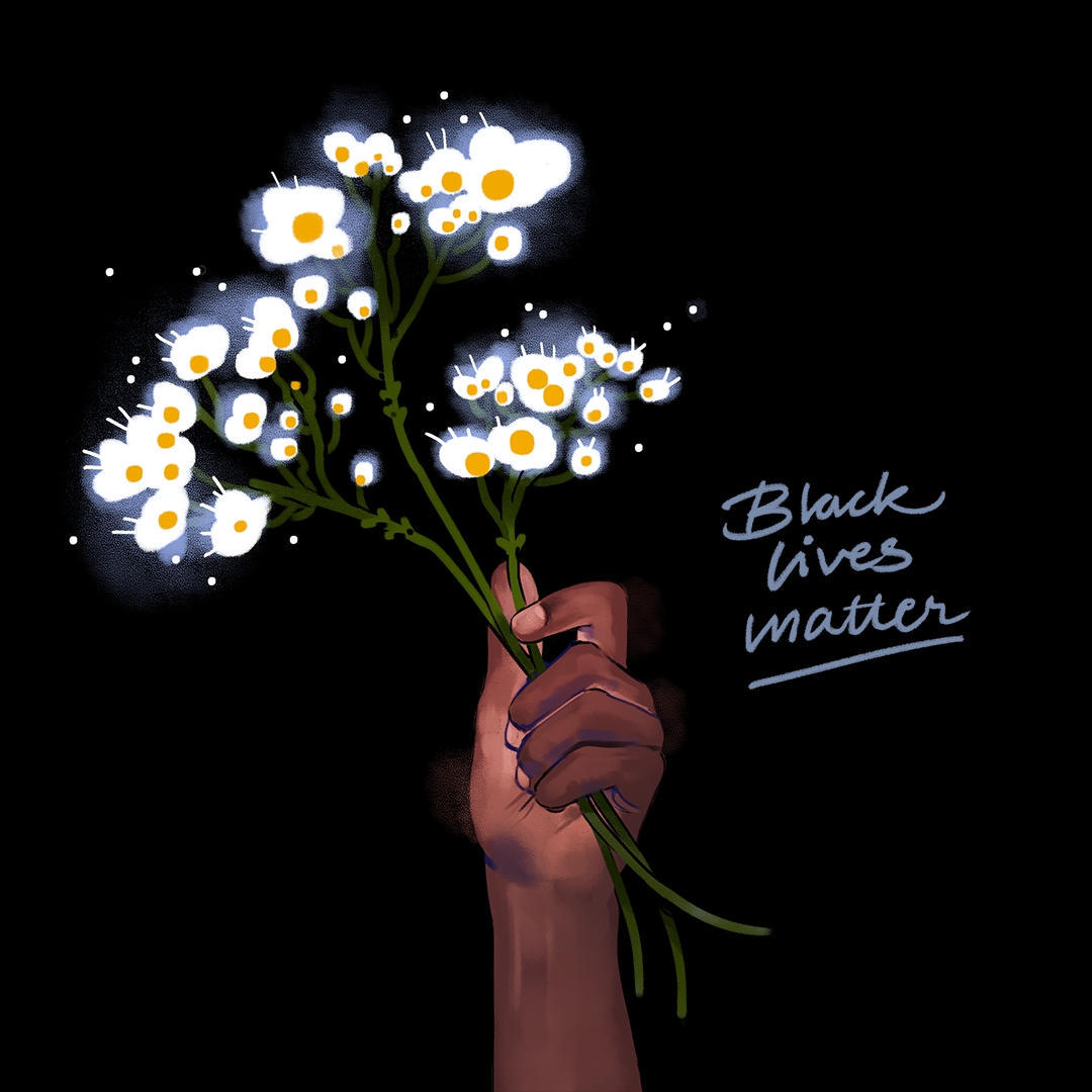Illustration av en hand som håller i en blombukett av Frida Hagman
