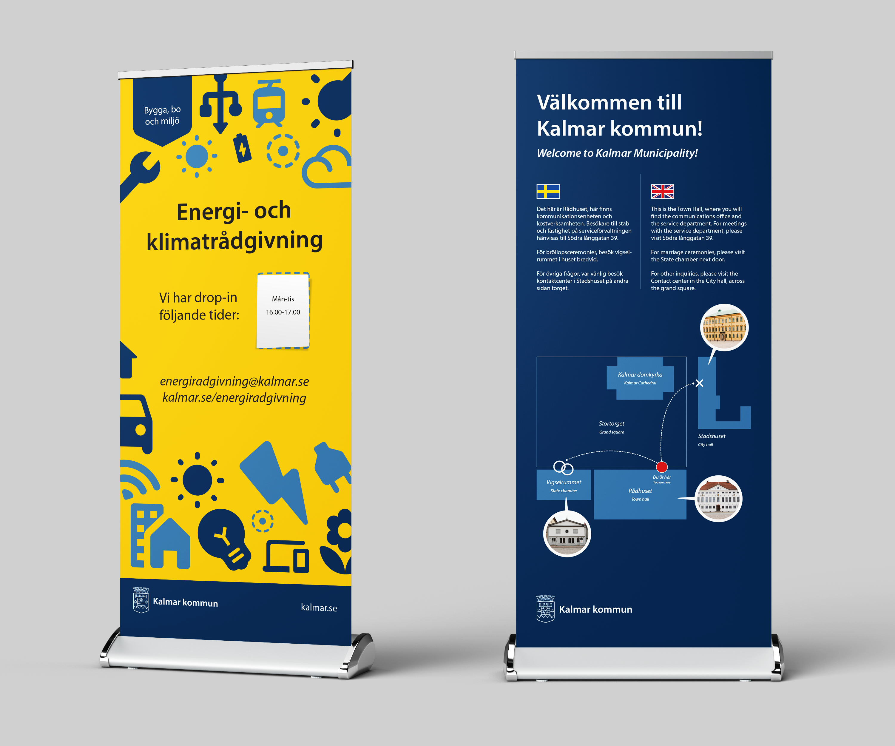 Två rolluper från Kalmar kommun som informerar invånarna om energi- och klimatrådgivning