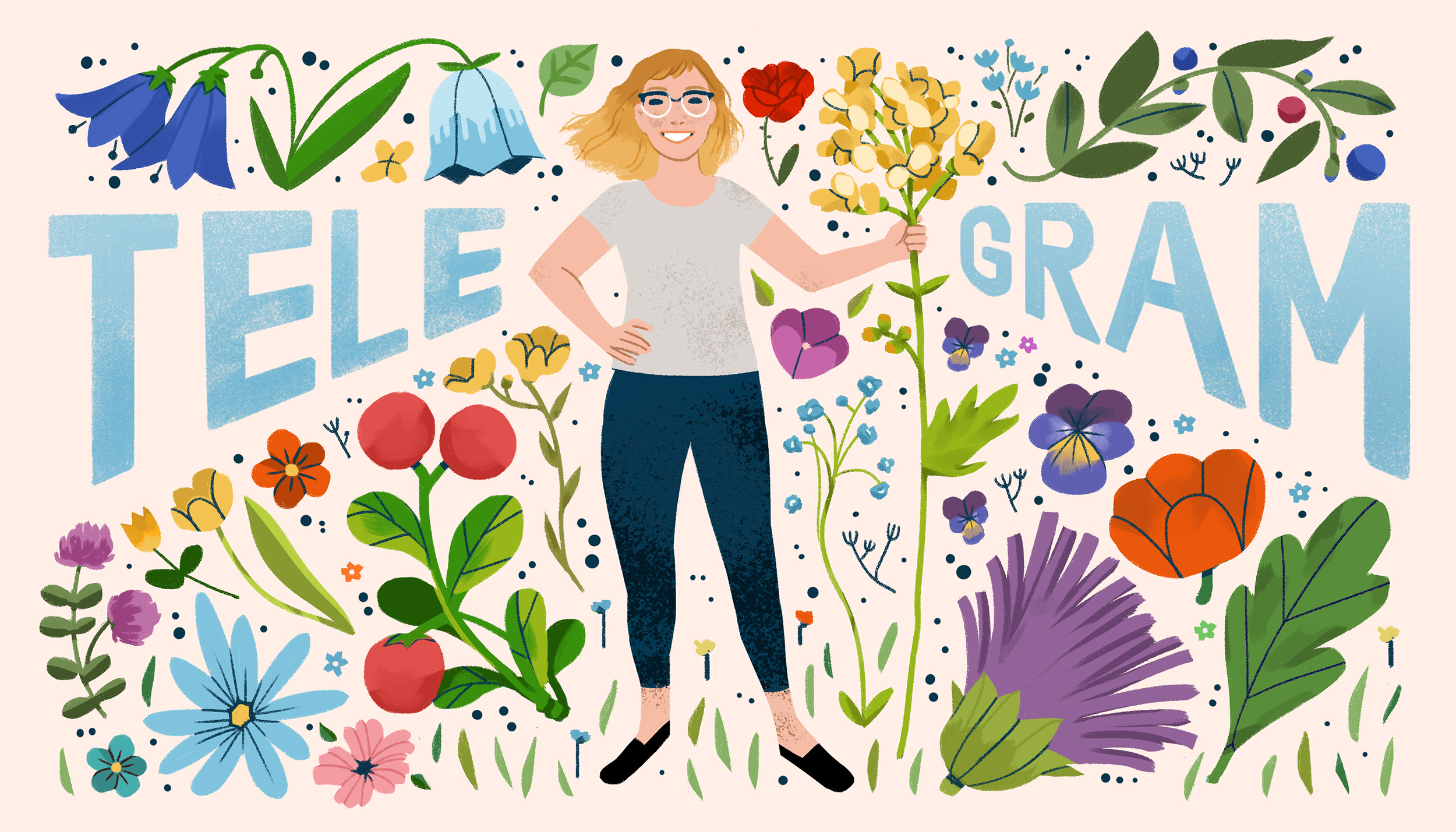 Illustration i retrostil av en kvinna omringad av blommor av Frida Hagman