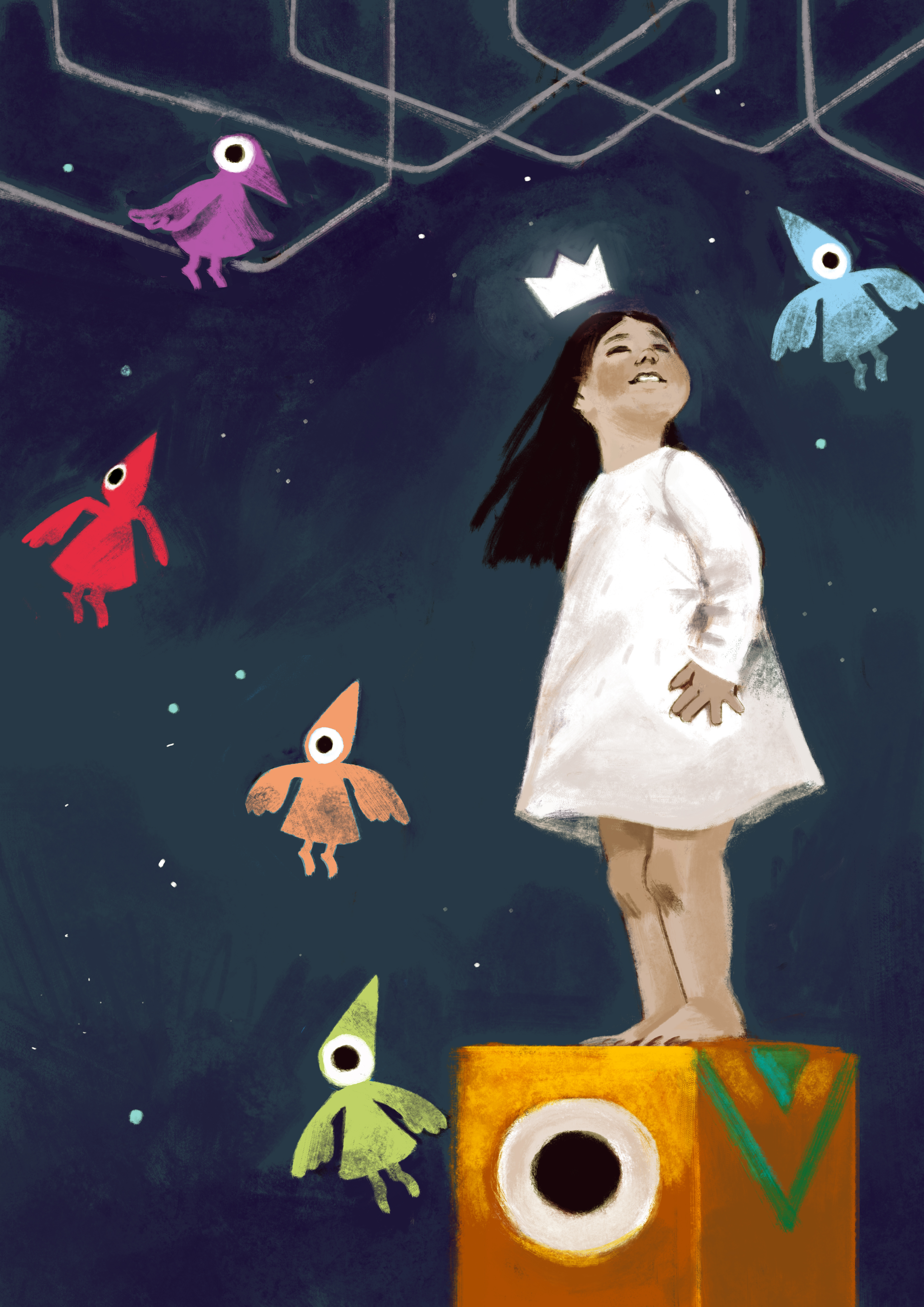 Illustration av en ung flicka som står omringad av fantasivarelserav Frida Hagman