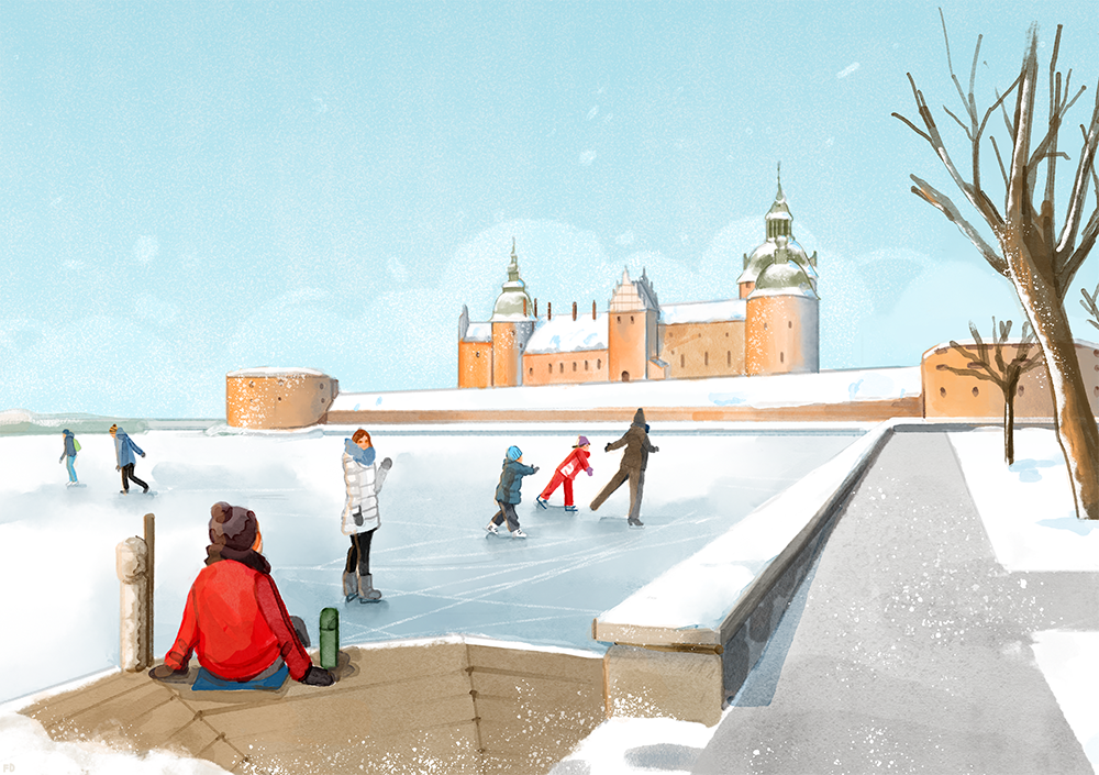 Illustration av Kalmar slott i vintertid av Frida Hagman