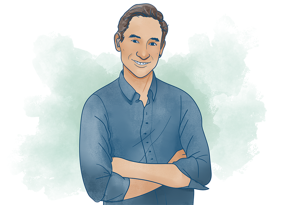 Illustration av en ung man med hörapparat av Frida Hagman