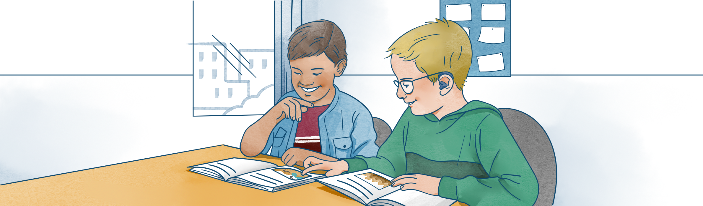 Illustration av två unga pojkar som läser tillsammans av Frida Hagman