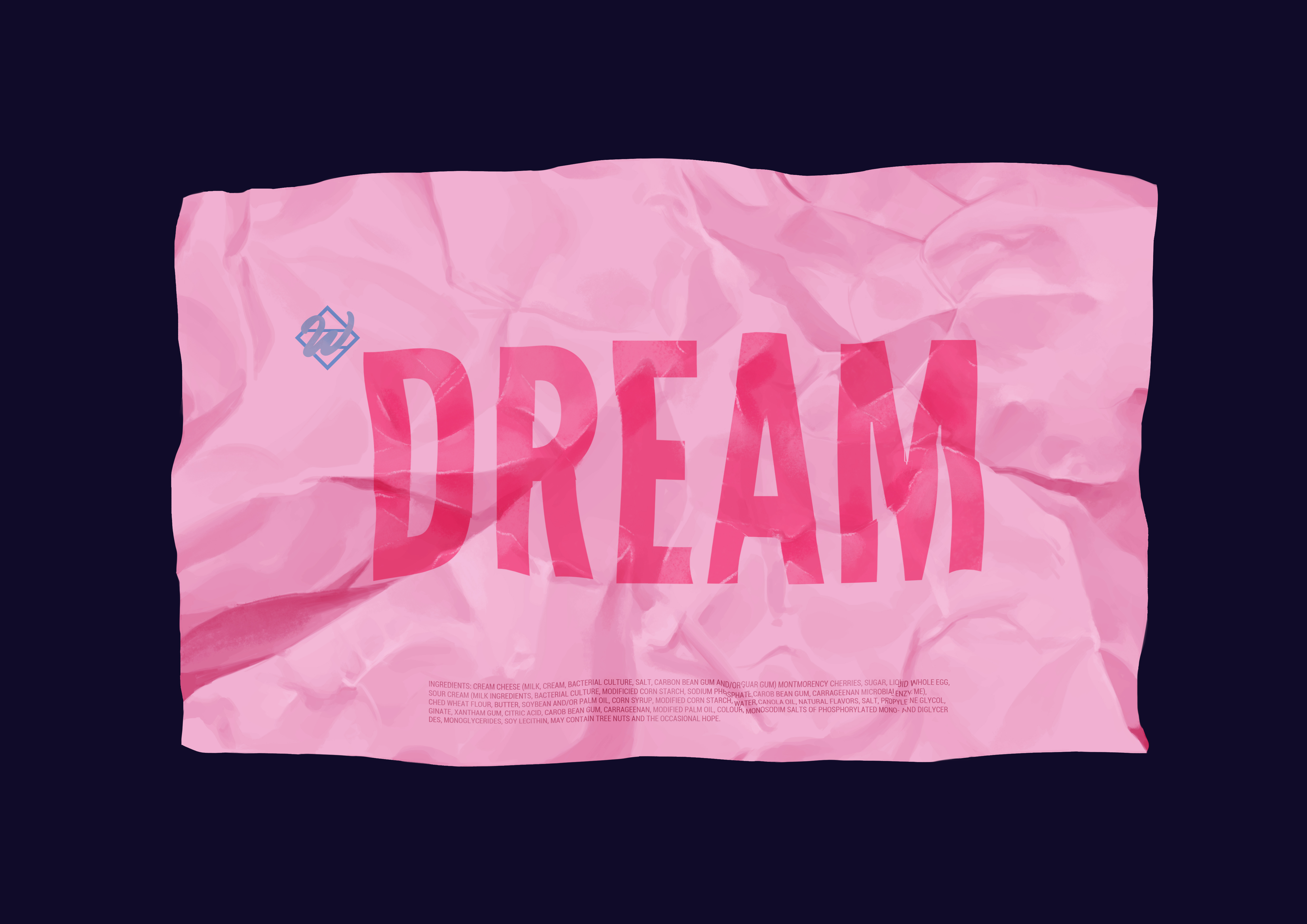 Illustration av ett rosa papper med texten DREAM av Frida Hagman