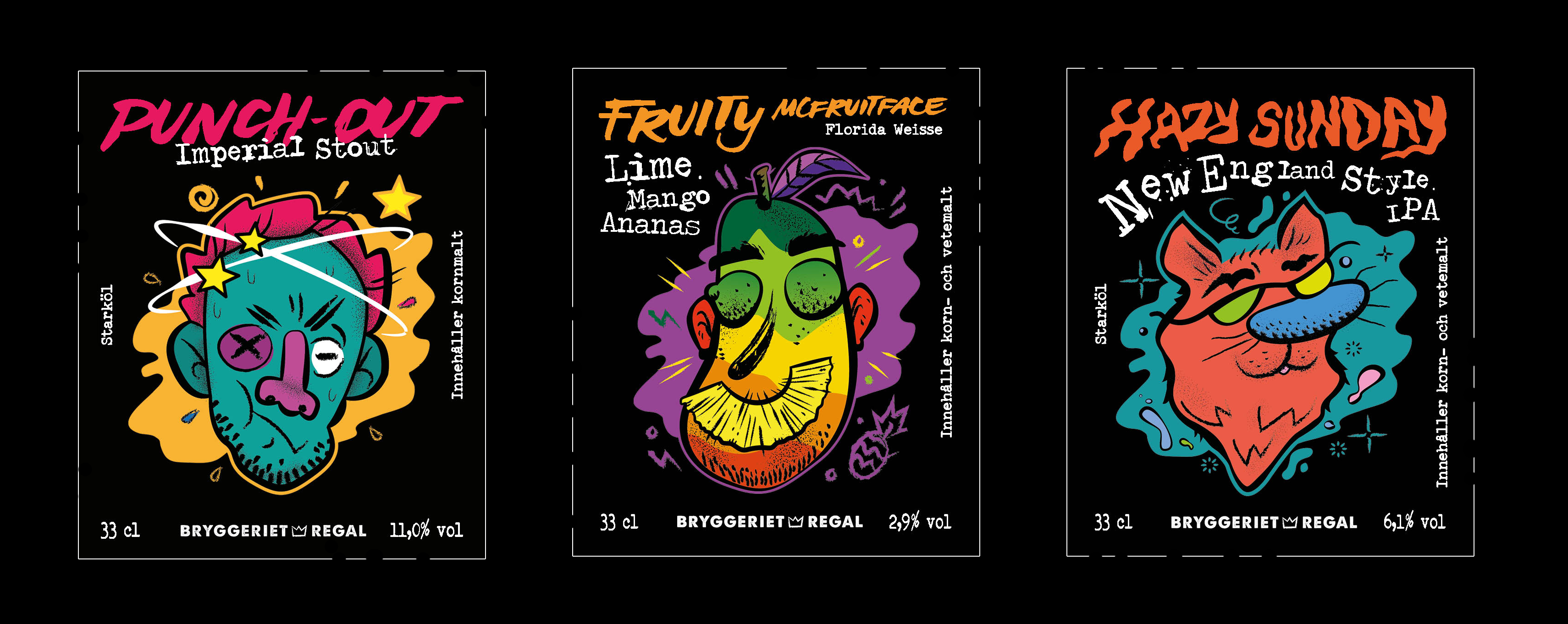 Tre svarta öletiketter från Bryggeriet Regal med porträtt av en människa, en mango och en katt på.