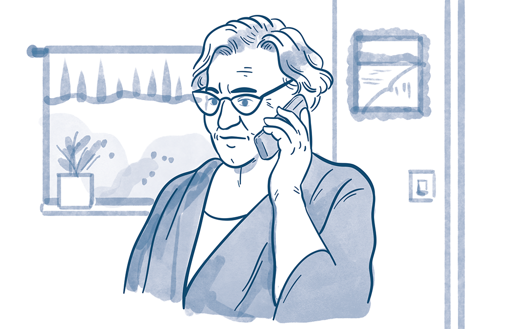 Illustration av en äldre, orolig kvinna av Frida Hagman