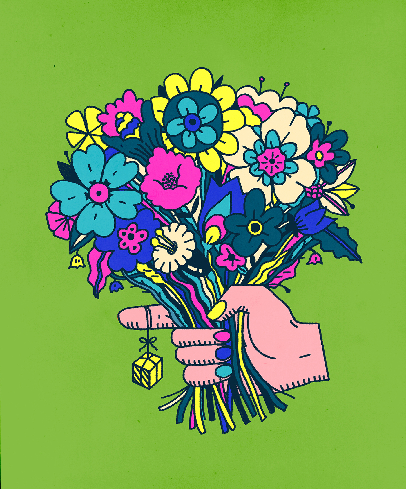 Digital illustation i retrostil av en hand som håller i en blombukett.
