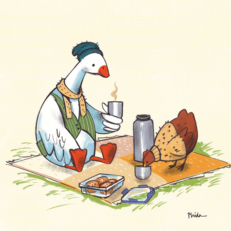 Illustration av en gås och en höna som är på picknick av Frida Hagman