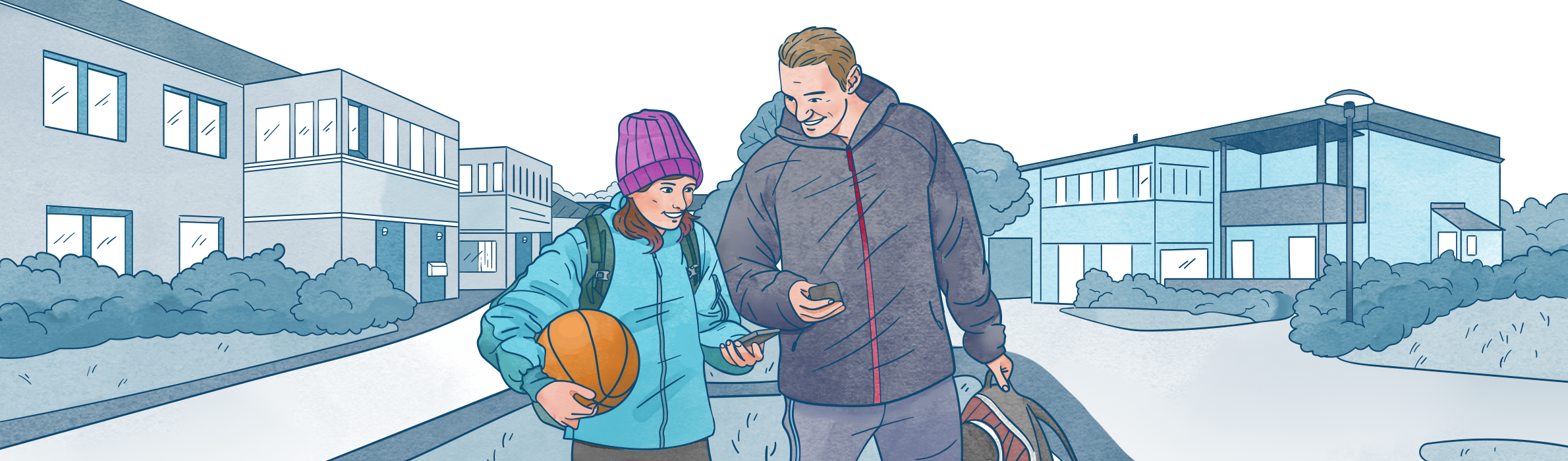 Illustration av far och dotter som är på promenad av Frida Hagman
