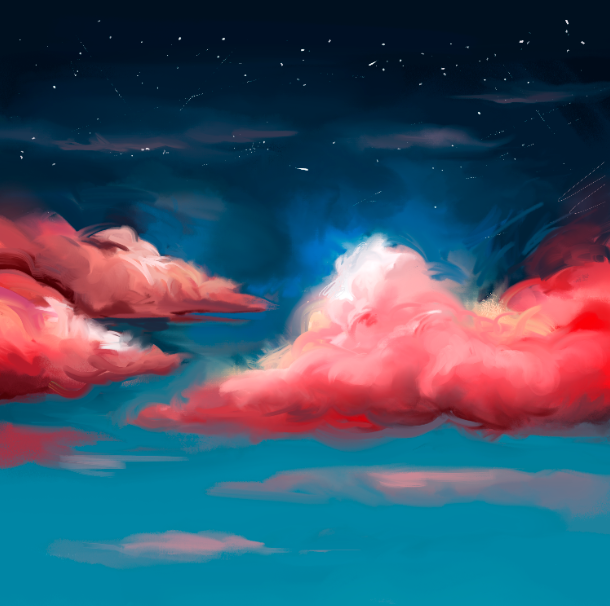 Illustration med rosa moln mot en blå himmel av Frida Hagman