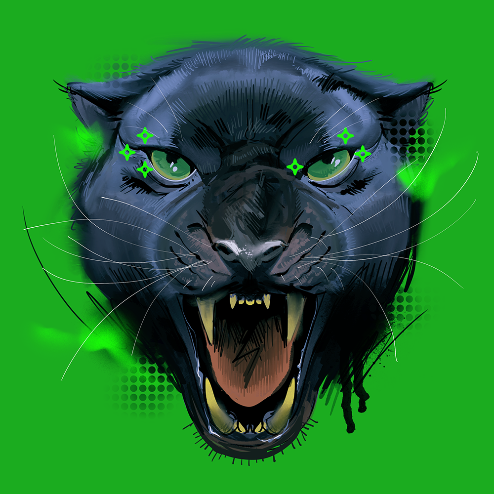 Digital illustration av en panter mot en neongrön bakgrund. Porträttet är målat i en semi-realistisk stil.