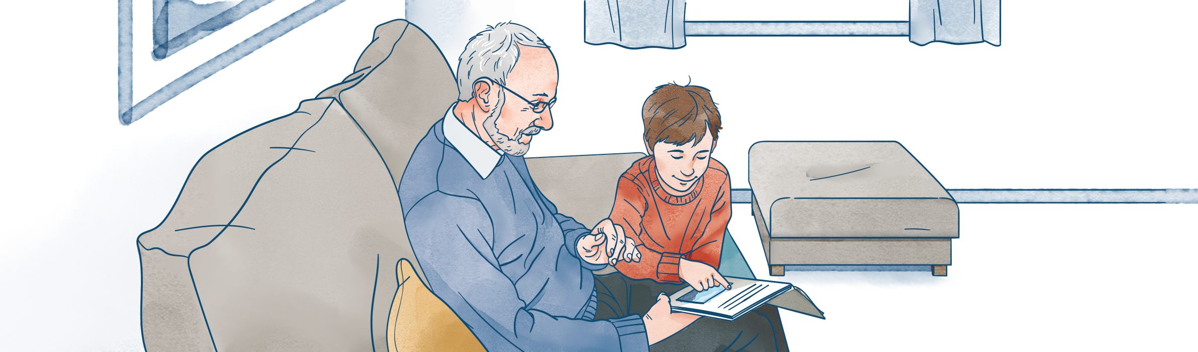 Illustration av en äldre man och en ung pojke som läser tillsammans av Frida Hagman