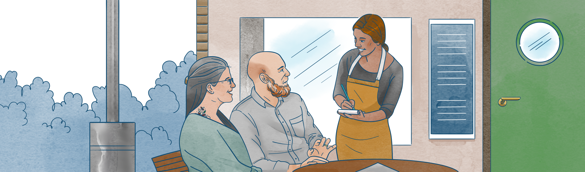Illustration av en servitör som tar en beställning av Frida Hagman