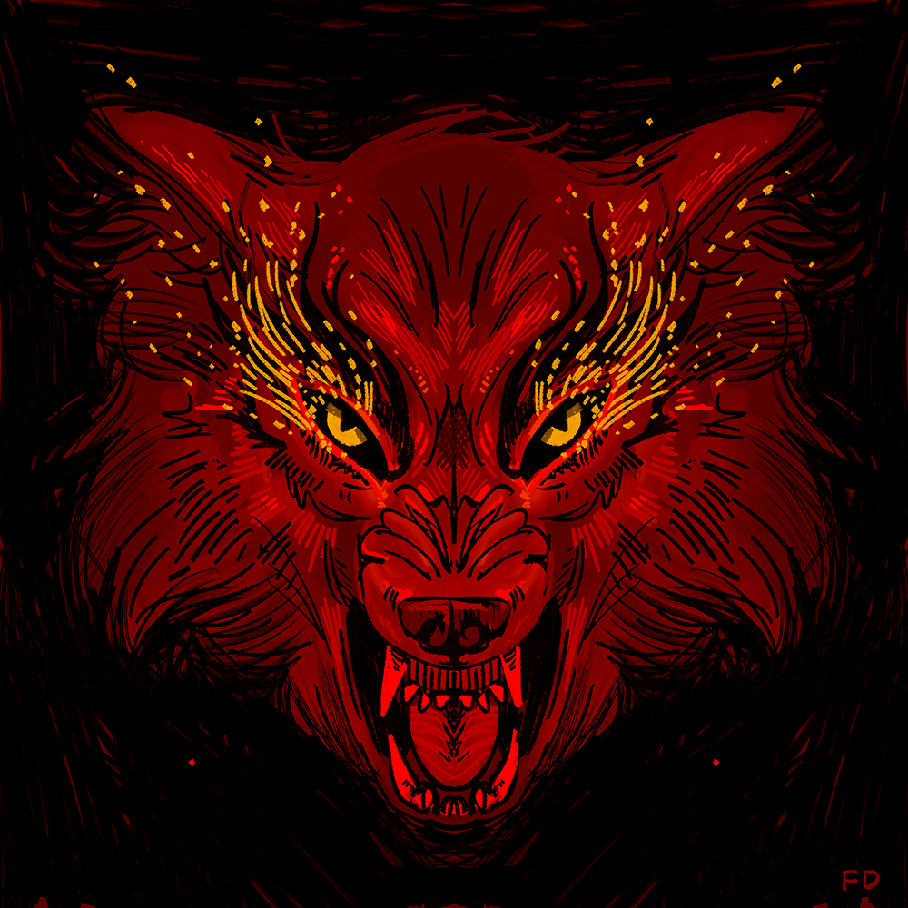 Symmetrisk illustration av en röd varg med brinnande ögon.