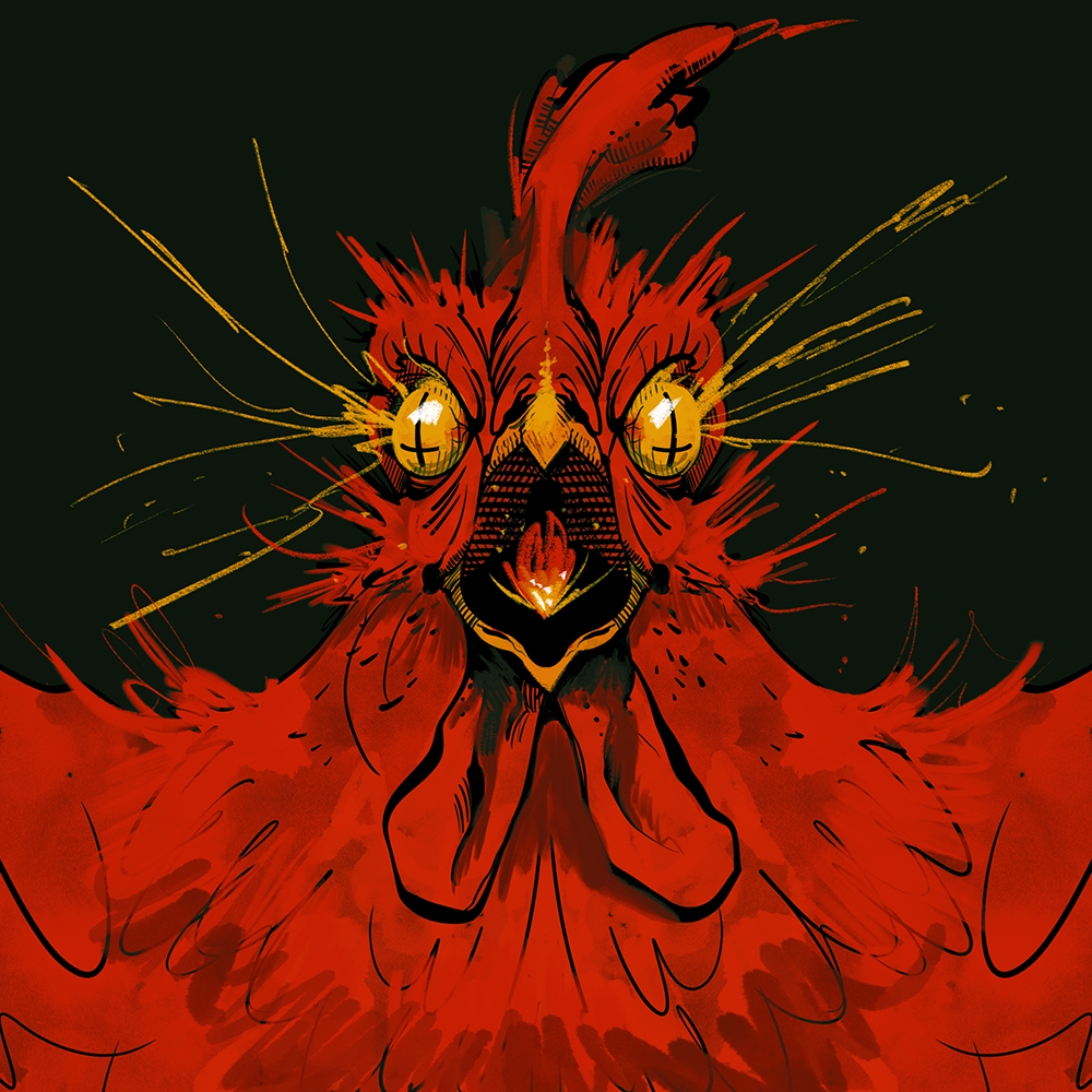 Illustration av en arg röd tupp mot en mörk bakgrund.