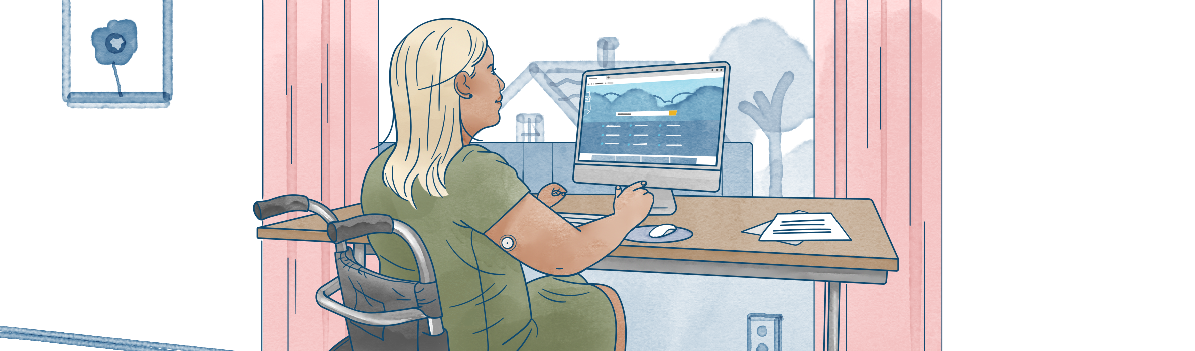 Illustration av en kvinna i rullstol av Frida Hagman